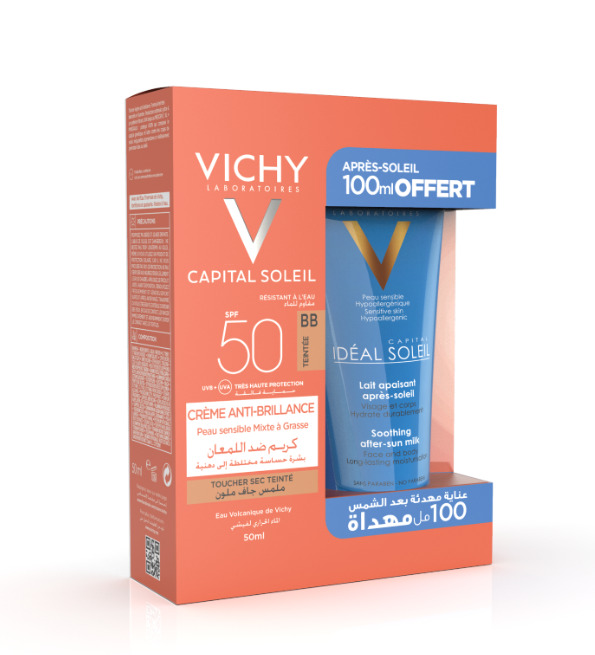 Vichy pack Capital Soleil BB Émulsion Toucher Sec Teintée SPF50 Peau Sensible Mixte à Grasse | 50ml + apres soleil 100ml offert